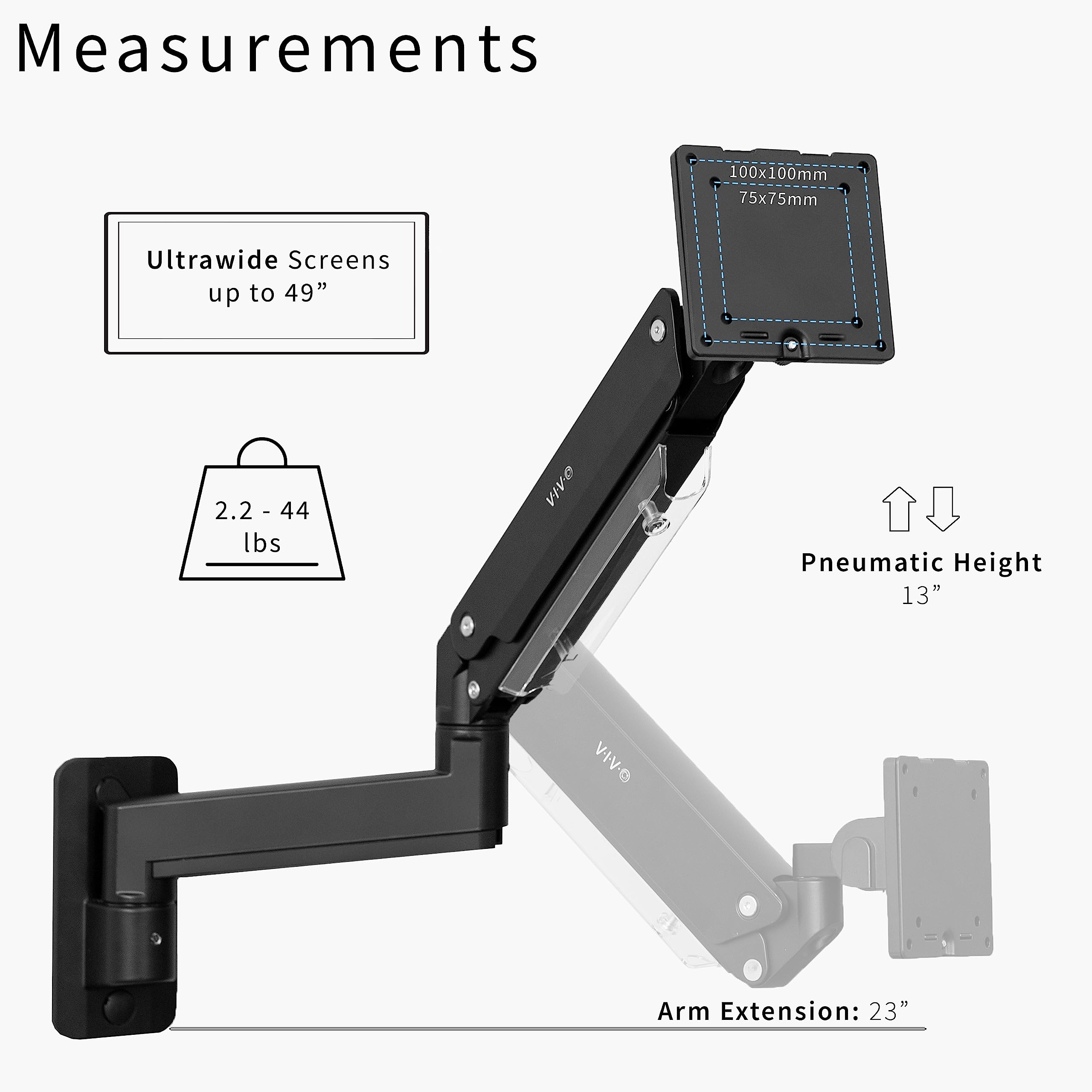 VIVO Premium Black Aluminum Heavy Duty Monitor Arm for Ultrawide Screens up to 49, Pneumatic Height, Max VESA 100x100, Single Wall Mount